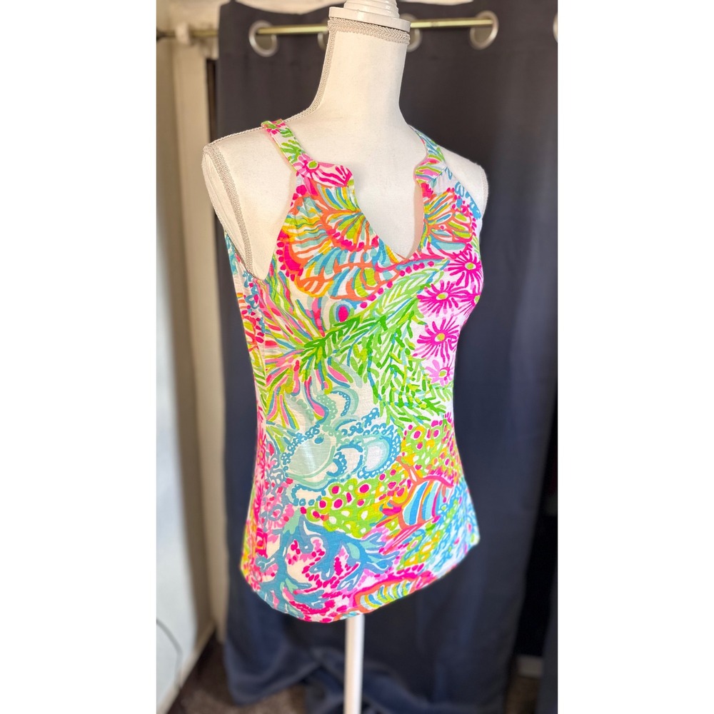 Lilly Pulitzer Arya Pink Green Floral Cotton Sleeveless Tank Top Split V-Neck XS
